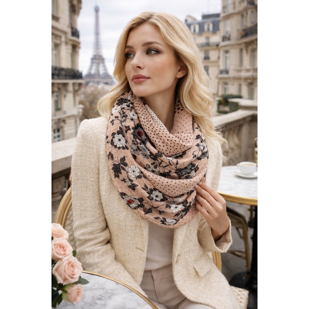 LOFT Blush Floral‎ & Polka Dot Infinity Scarf Lightweight Cotton Rayon